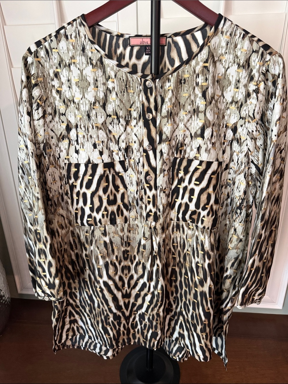 Olive Hill Mixed Animal-Print Blouse in Black, Cream, Brown
